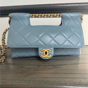 CHANEL Quilted Light Blue Leather Shoulder Bag with Gold Hardware